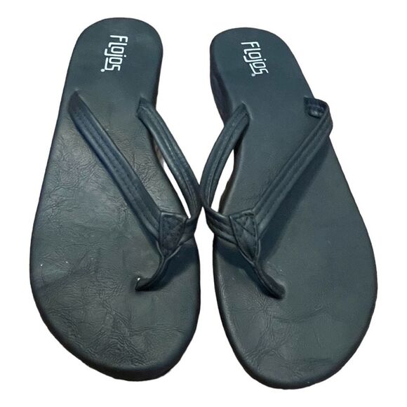 Flojos Wedge Flip Flop Sandals Black Leather Arch Support Slip-On Slide 10 - Picture 2 of 6